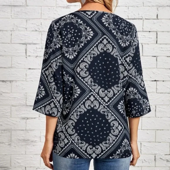 Emery Rose | Scarf & Paisley 3/4 Sleeve Blouse - Picture 9 of 9